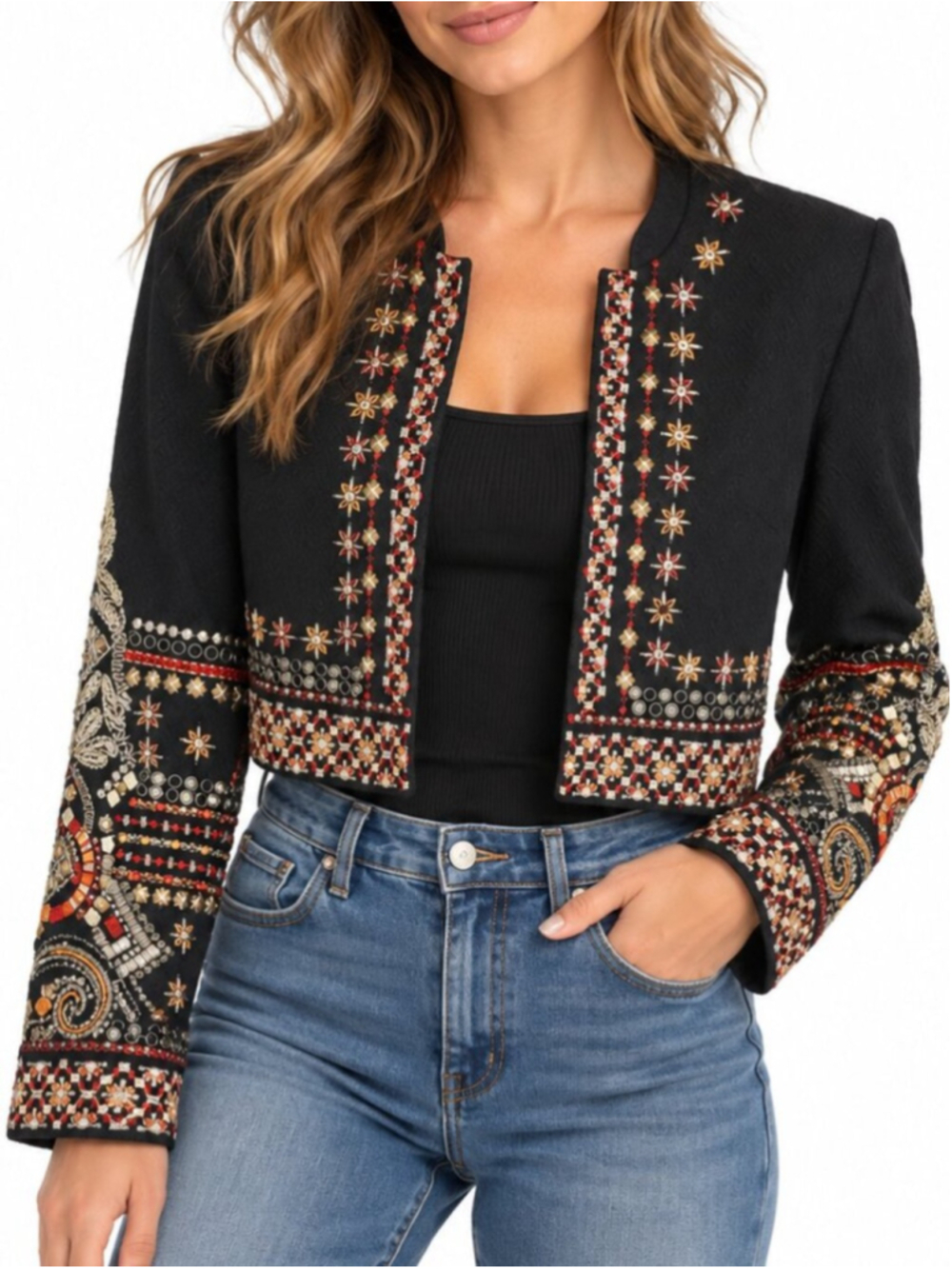 ECOTE Beaded Open Front Cropped Blazer Jacket Black Red Medium Artsy Boho Anthro